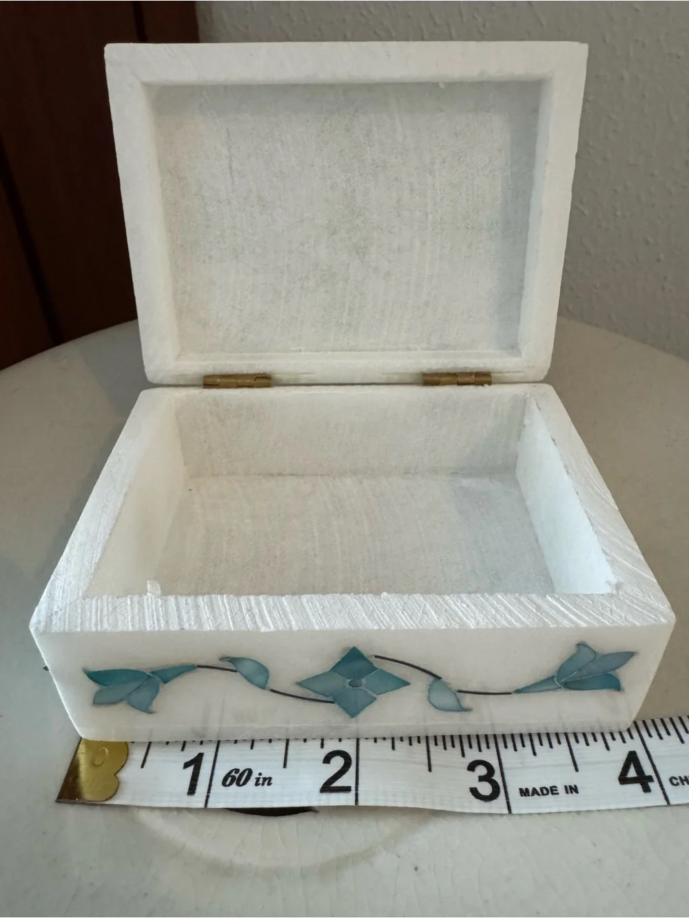Handcrafted White Marble Jewelry Box with Blue Floral Inlay